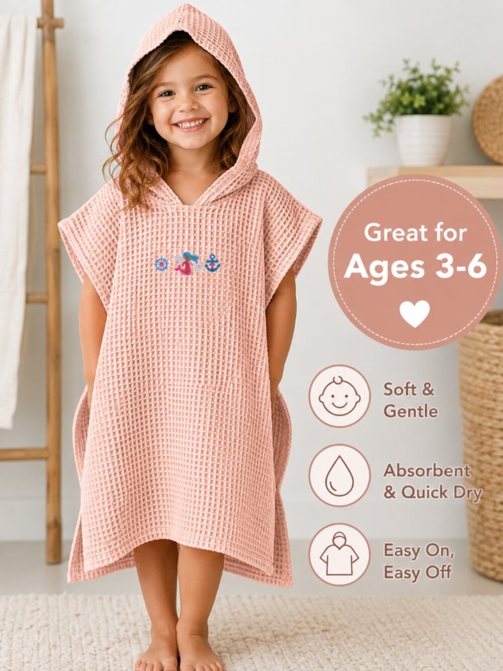 Kids Hooded Towel Poncho | Camping Embroidered Design | Soft Cotton Beach & Pool
